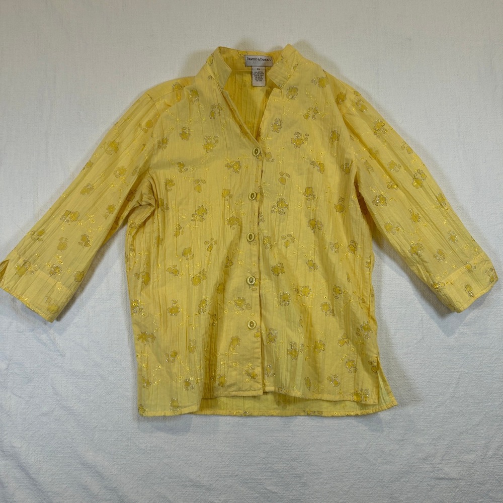 Drapers & Damons Yellow Floral Embroidered Crinkle Button Down Shirt PM Petite